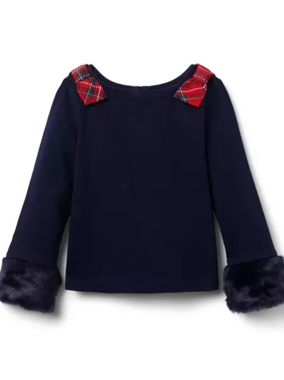 Navy Top with Plaid Accent and Faux Fur Cuffs - Kids
